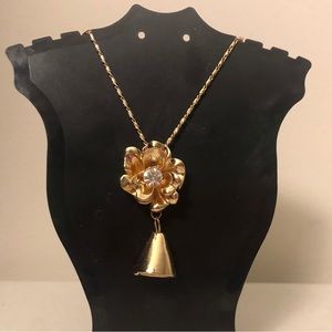 Time and Tru Signed Rhinestone Flower & Bell Gold Tone Necklace Cottagecore